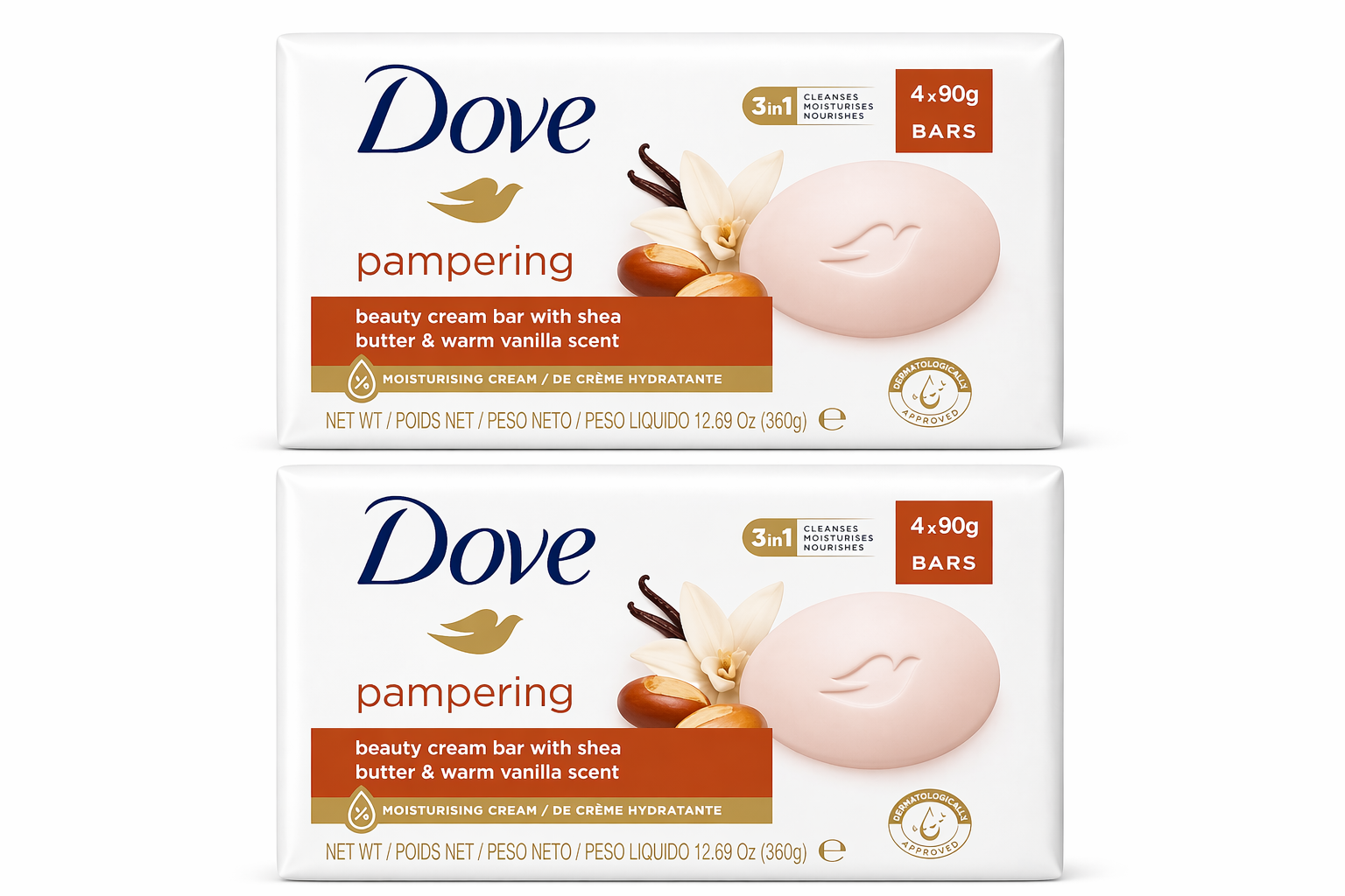 Dove Pampering Shea Butter & Vanilla Beauty Bar – 8pcs Bundle (4x90g ×2 Packs)