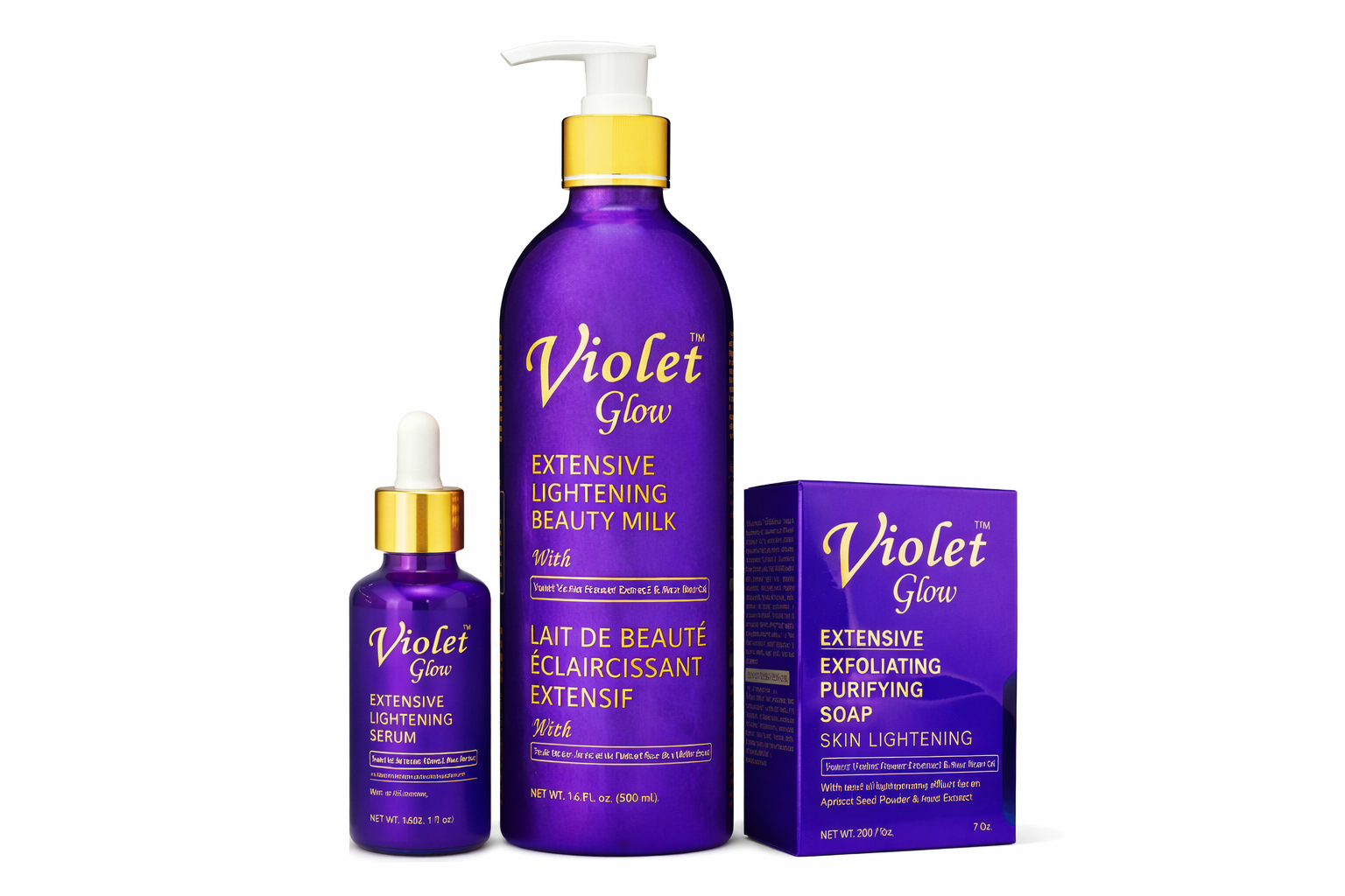 Violet Glow Extensive Lightening 3-Piece Set (Serum, Exfoliating Soap & Beauty Milk)