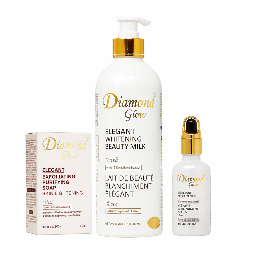 Diamond Glow Elegant Whitening Beauty Milk Set (Beauty Milk • Serum • Exfoliating Purifying Soap)