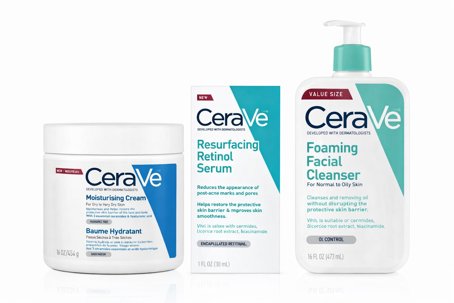 CeraVe Acne & Barrier Repair Routine (Foaming Facial Cleanser • Resurfacing Retinol Serum • Moisturising Cream)