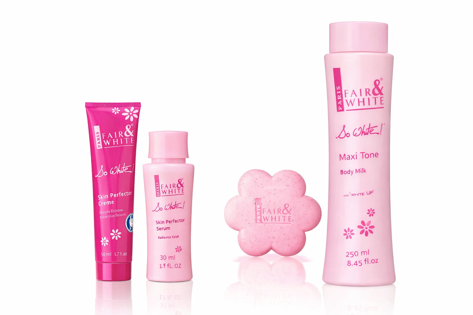 Fair & White Paris So White! Complete Routine (Skin Perfector Crème • Skin Perfector Serum • Exfoliating Soap • Maxi Tone Body Milk)