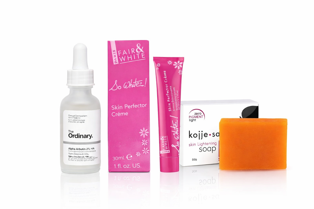 Brightening Dark Spot Routine (Kojie San Skin Lightening Soap • The Ordinary Alpha Arbutin 2% + HA • Fair & White So White! Skin Perfector Crème)