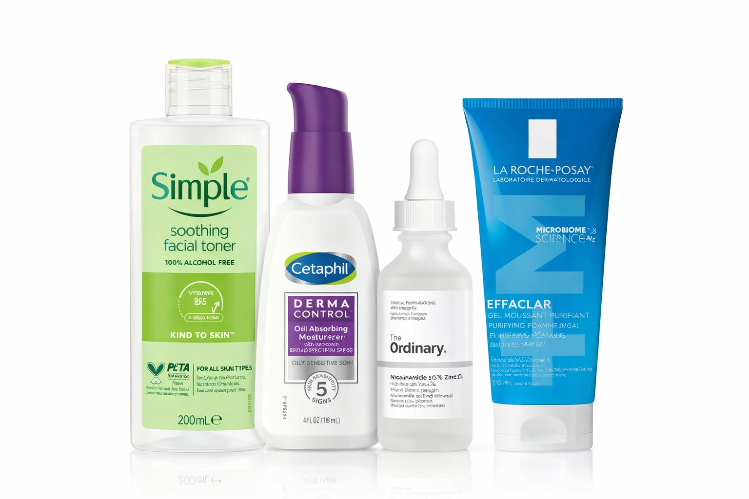 Oil-Control Acne Routine (La Roche-Posay Effaclar Purifying Foaming Gel • Simple Soothing Facial Toner • The Ordinary Niacinamide 10% + Zinc 1% • Cetaphil DermaControl Oil Absorbing Moisturizer SPF 30)