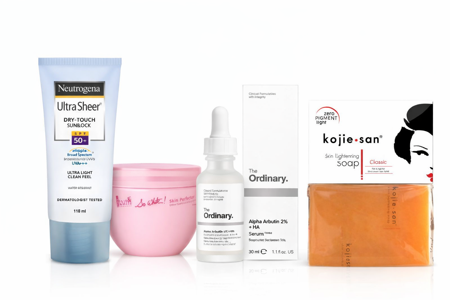 Brightening & Spot-Fade Routine (Kojie San Classic Soap • The Ordinary Alpha Arbutin 2% + HA • Fair & White So White Skin Perfector Cream • Neutrogena Ultra Sheer Dry-Touch SPF 50+)