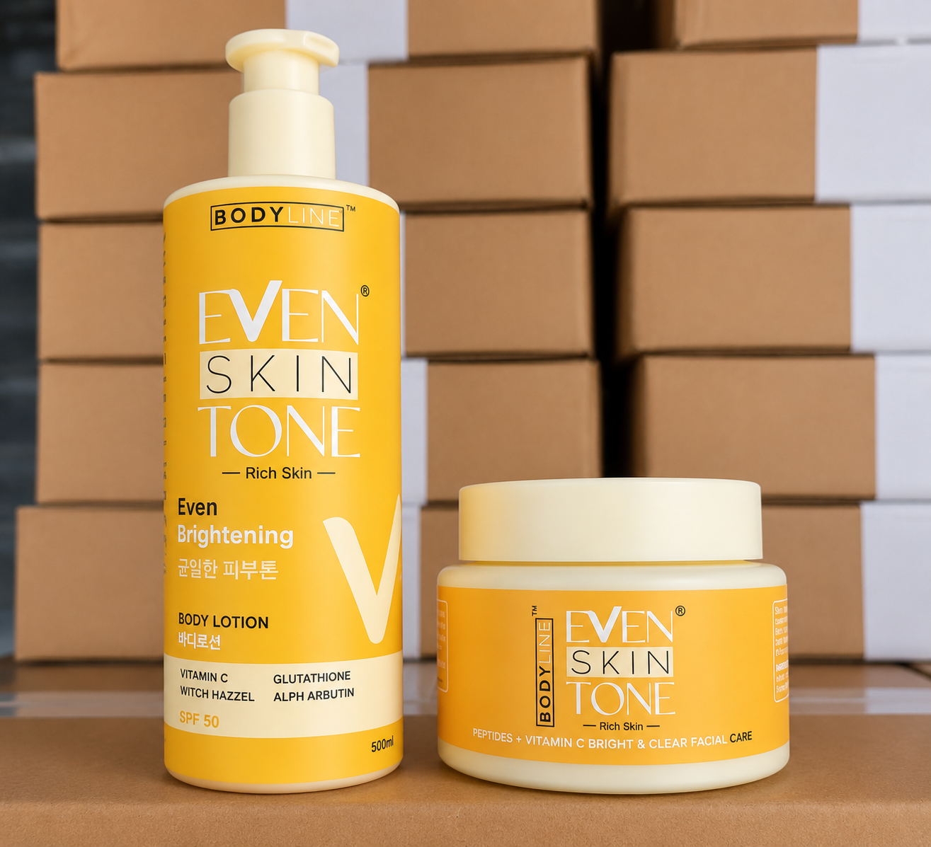 Bodyline Even Skin Tone Rich Skin Brightening Body Lotion + Peptides & Vitamin C Facial Care Set