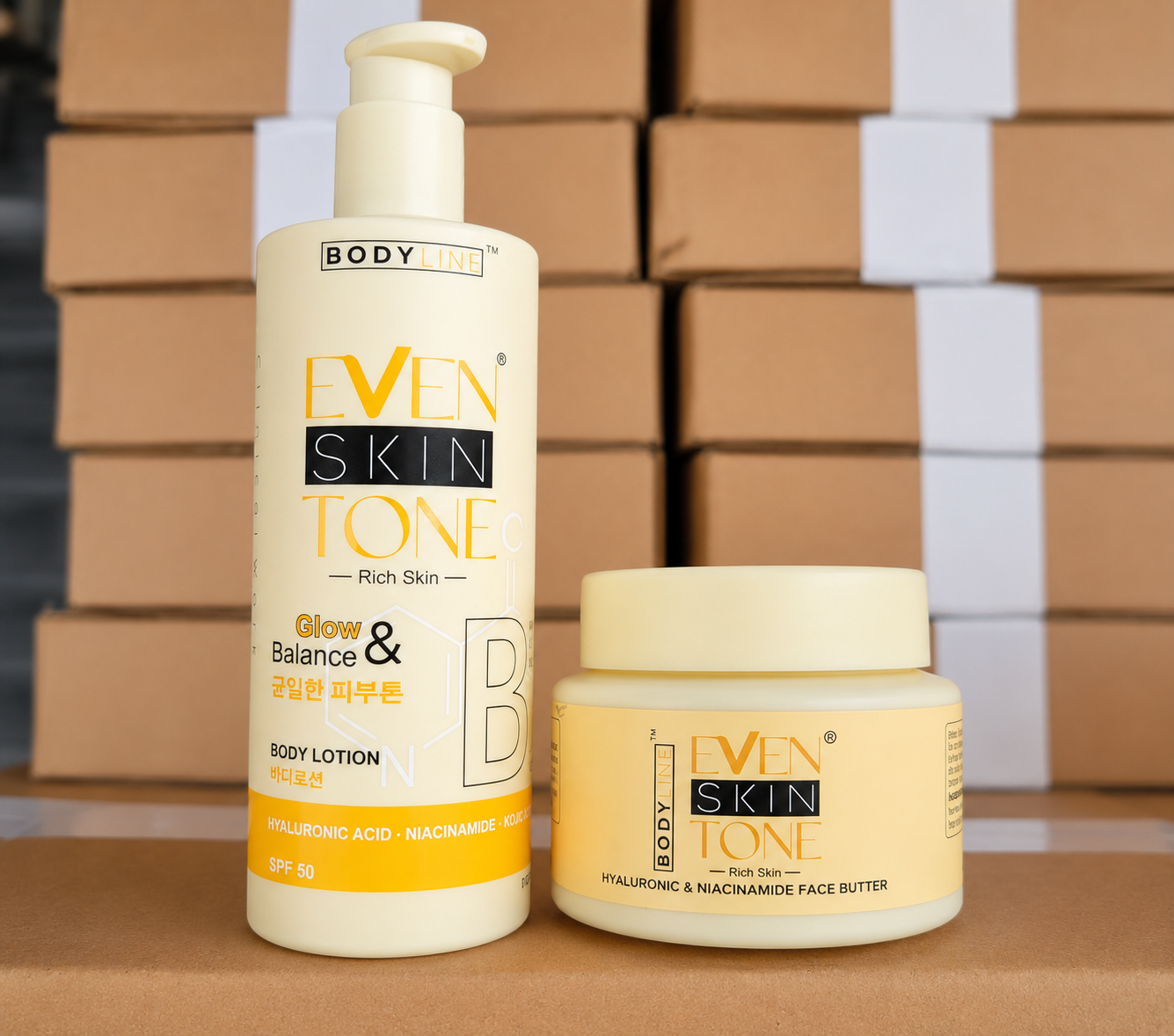 Bodyline Even Skin Tone Rich Skin Glow & Balance Body Lotion + Hyaluronic & Niacinamide Face Butter Set