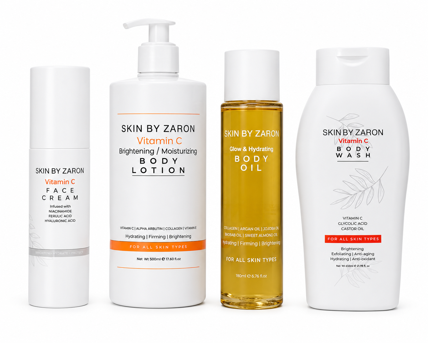 Skin By Zaron Vitamin C Brightening & Hydrating Body Care Routine (Body Wash, Body Lotion, Body Oil & Face Cream)