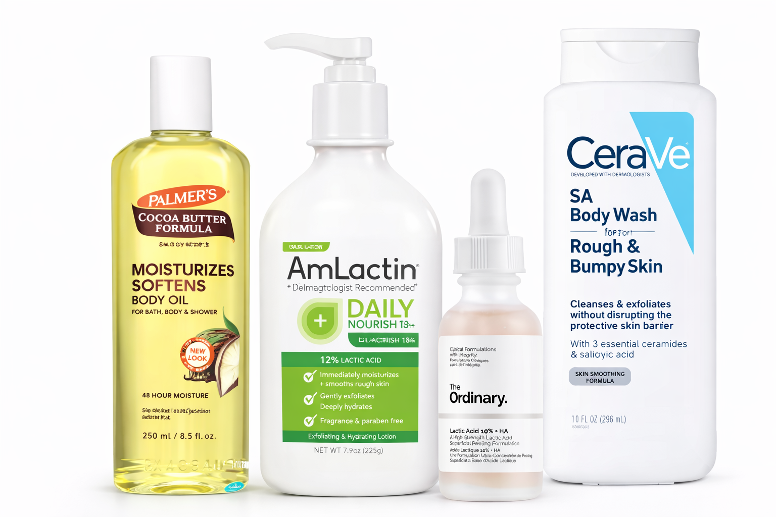 CeraVe SA Body Wash + The Ordinary Lactic Acid 10% + HA + AmLactin Daily 12% Lactic Acid Lotion + Palmer’s Cocoa Butter Body Oil (SmoothJoint Elbow & Knee Renewal System)