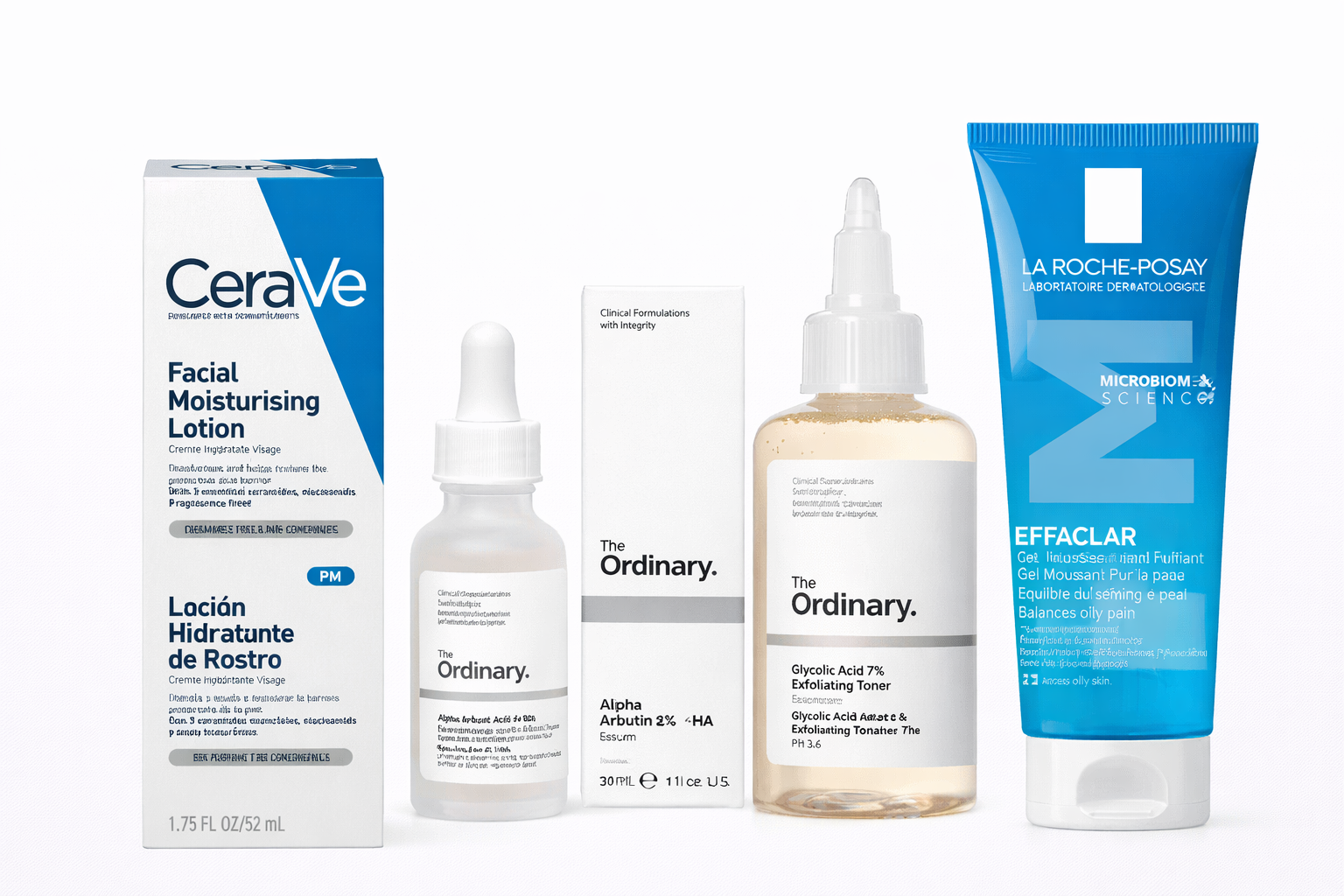 La Roche-Posay Effaclar Gel Cleanser + The Ordinary Glycolic Acid 7% Toning Solution + The Ordinary Alpha Arbutin 2% + HA + CeraVe PM Facial Moisturizing Lotion (ClearMark Post-Acne Tone Recovery System)