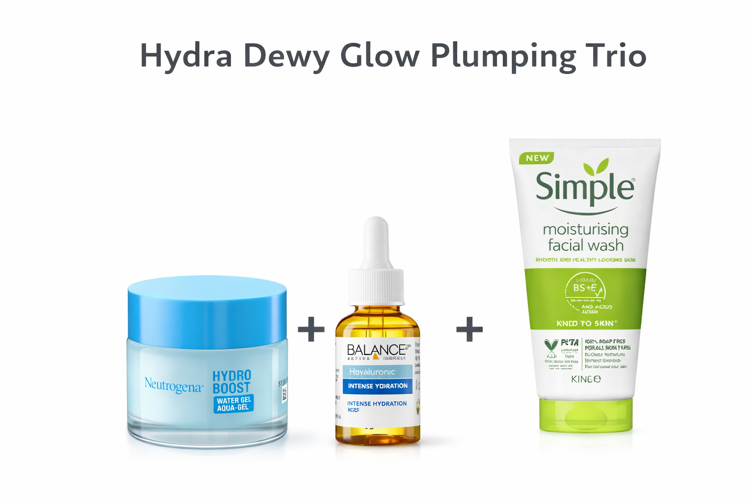 Simple Kind To Skin Moisturizing Facial Wash + Balance Active Formula Hyaluronic Acid Serum + Neutrogena Hydro Boost Water Gel (Hydra Dewy Glow Plumping Trio)