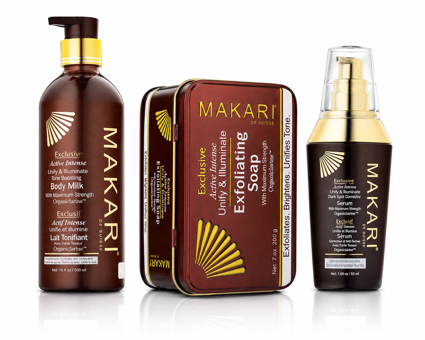 Makari Exclusive Active Intense Tone Boosting Body Milk + Exfoliating Soap + Dark Spot Corrector Serum Routine