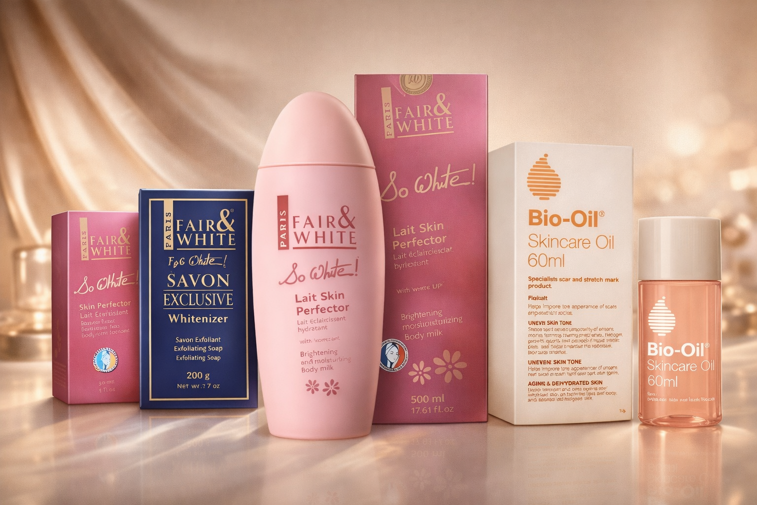 Fair & White So White Brightening Body Set (Exfoliating Soap • Skin Perfector Body Milk 500ml • Spot Serum • Bio-Oil 60ml)