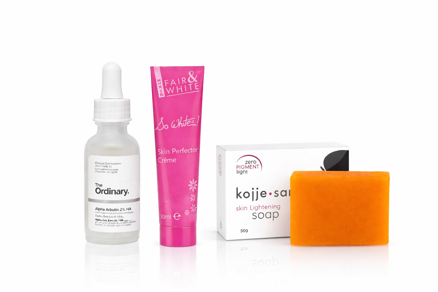 Brightening Dark Spot Routine (Kojie San Skin Lightening Soap • The Ordinary Alpha Arbutin 2% + HA • Fair & White So White! Skin Perfector Crème)